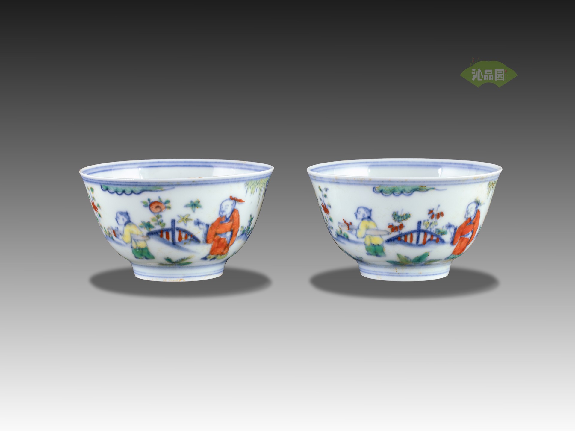 明成化 薄胎斗彩高士图杯（一对）